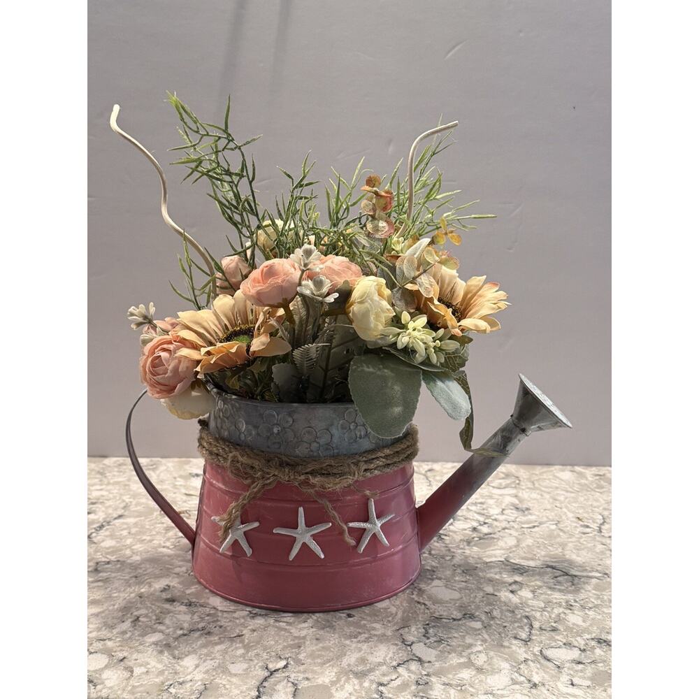 Spring Floral Arrangement in Metal Watering Can - Farmhouse Beach Rustic Decor
